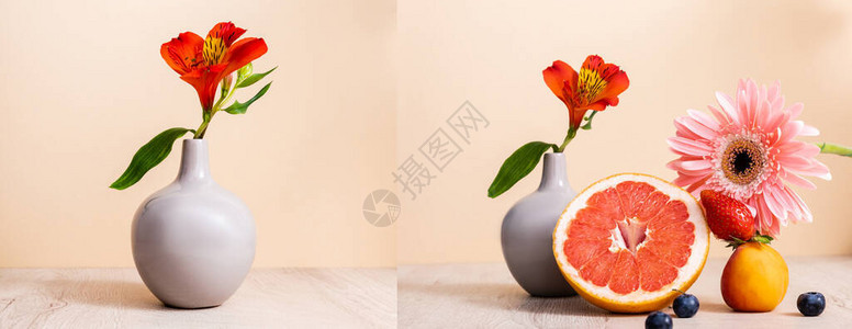 花果组合物与花瓶非洲菊浆果葡萄柚和杏在米色木质背景图片