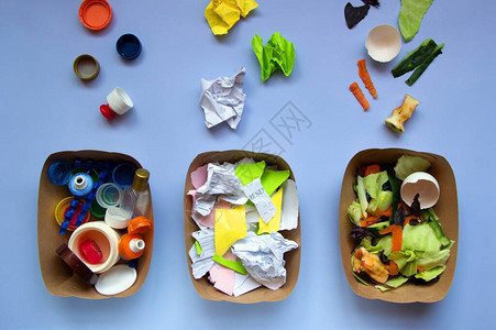 蓝色背景上的塑料纸和有机垃圾分类垃圾零废物概念分开垃圾图片