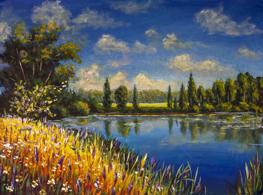 池塘湖畔美丽的秋花田手工油画夏秋暖景图片
