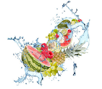 花朵喷洒混合水果菠萝鳄梨草莓浆果梨白图片