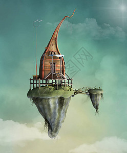 多云天空的幻想飞行房子图片