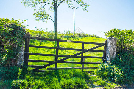 英格兰传统的木制农场大门和石柱图片