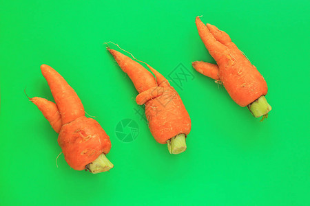 丑陋的食物绿色和橙色双调柔和背景上的变形有机胡萝卜明亮的对比色畸形农产品图片