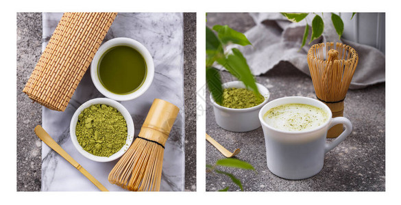 Matcha拿铁和准备绿茶饮料的工具图片