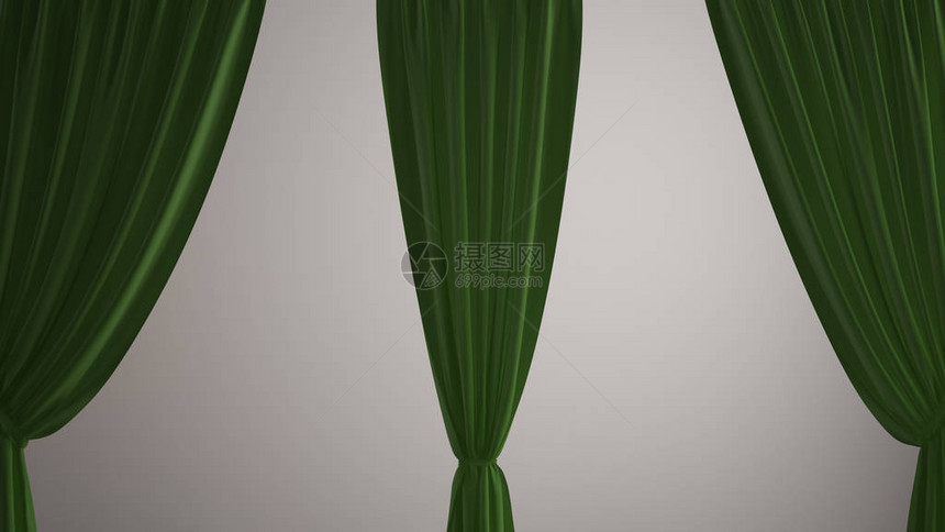 绿色开绿窗帘覆盖白背景前视剪切路径垂直折叠软塔板纺织品纹理带有复制空图片