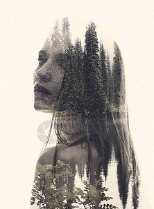双曝光神秘少妇头像结合森林湖背景显示抑郁孤独负面情绪的概念图像图片