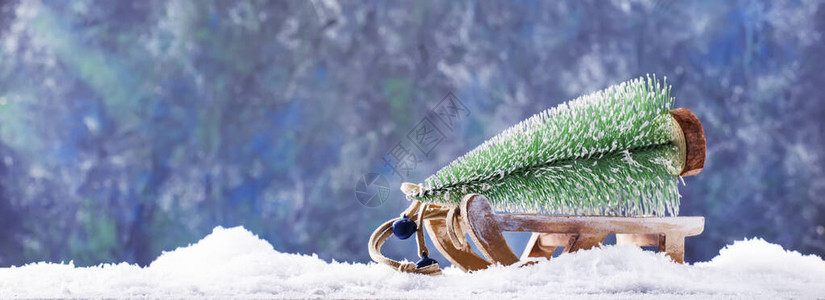 木雪车或雪橇上的小圣诞树雪地背景图片