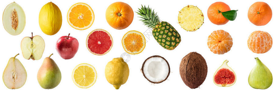 各种不同的水果苹橙子柠檬梨瓜菠萝椰子无花果在白色图片