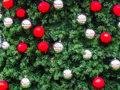 红色和银色圣诞球挂在fir树枝上图片