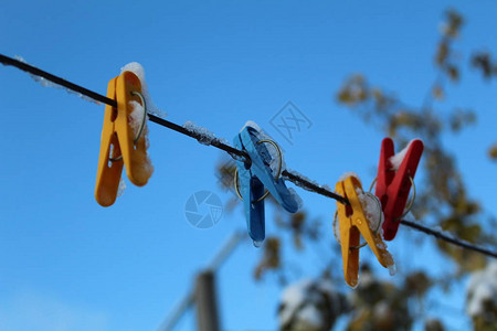 用于在寒冷的秋天在绳子上晒衣服的晾衣夹照片彩色晾衣夹它们系在院子街道上的晾衣绳上对着美丽背景图片