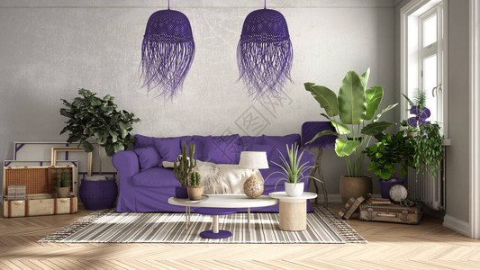 复古老式的紫色调沙发地毯枕头和藤吊灯带装饰的桌子和盆栽植物窗户复古的图片