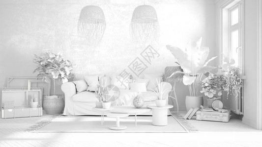 全白色项目草稿复古旧式客厅沙发地毯枕头和藤吊灯带装饰和盆栽植物的桌子图片