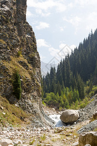 山中狭窄的峡谷河流和巨石湍急背景图片