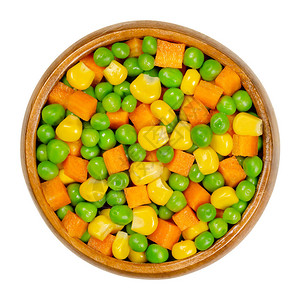 木碗里的青豆玉米和胡萝卜块混合蔬菜豌豆与蔬菜玉米混合图片