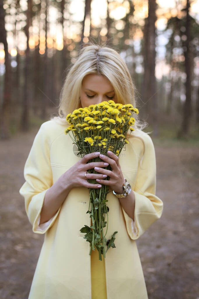 针叶林背景上金发美女站着一束黄菊花图片