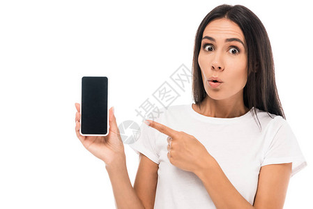 震惊的女人用手指着智能手机用空白的屏幕背景图片
