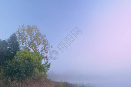 美国密歇根州卡斯特堡州立公园雾中惠特福德湖海岸初图片