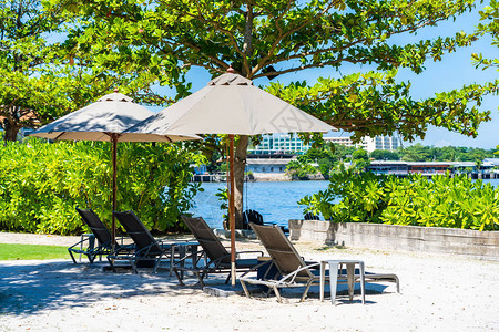 保护伞和沙滩与海边的椅子用蓝图片