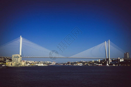 横跨宽阔海湾的现代斜拉桥背景图片