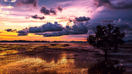 泰国日落时在海滩的低潮图片