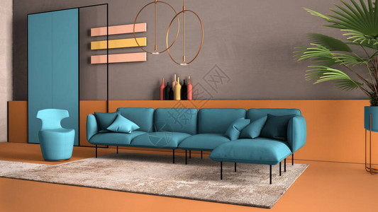 橙色和浅蓝色的现代客厅背景图片