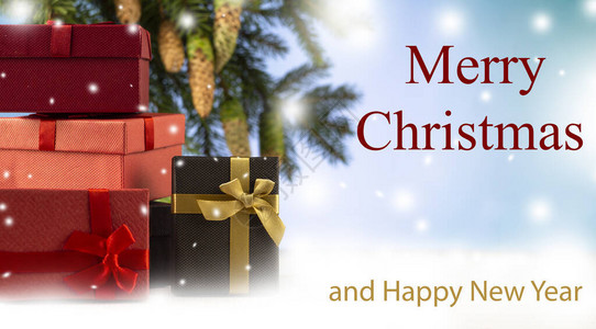 与礼物的圣诞节背景圣诞节和假期云杉树枝和松果圣诞快乐和快乐刻字横图片