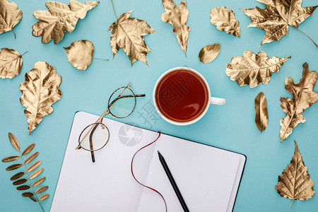 杯中茶叶眼镜和笔记本的顶端风景图片