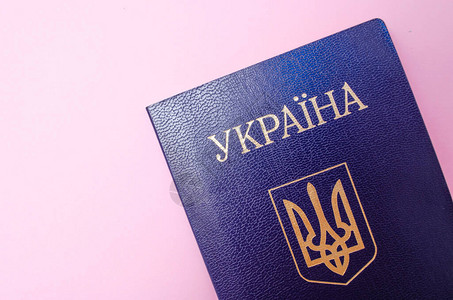 粉红色背景上的乌克兰护照宏观中乌克兰公民的护照护照总图片