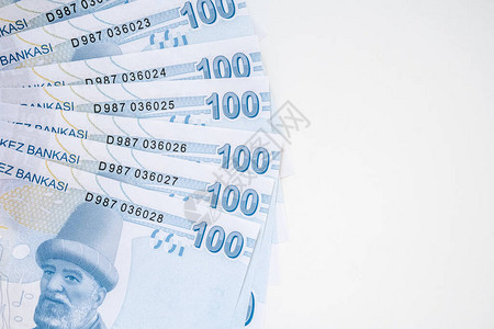 土耳其里拉TRY100张钞票背景图片