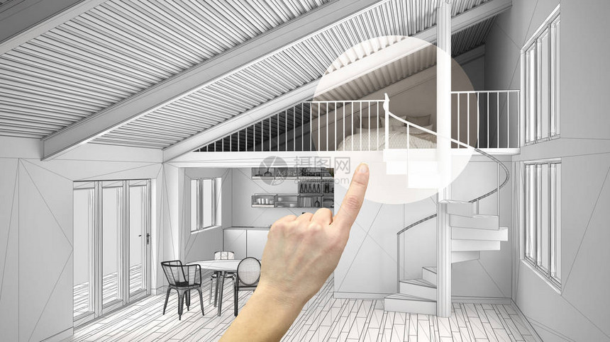 手指室内设计项目项目细节决定房间装修或改造概念带厨房卧室和现代楼梯的图片