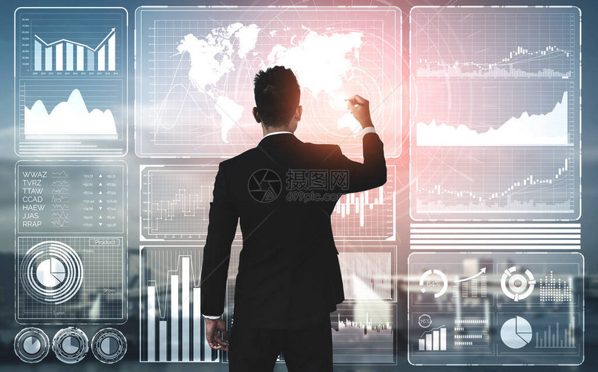 商业金融分析概念的大数据技术现代图形界面在屏幕监视器上显示大量商业销售报告利润图表和股市图片