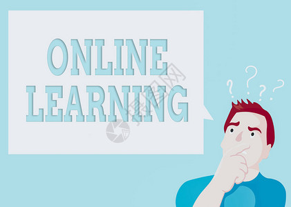 概念手写显示在线学习概念意思是学习一门可以通过互联网人表达手在嘴上问号图标文本气背景图片