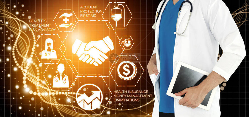 健康保险概念医院生与健康保险相关的图标形界面显示医疗人员资金规划风险管理医图片