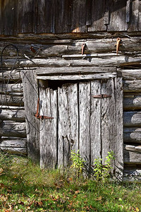 古老的树木小屋门被风吹过挂在图片