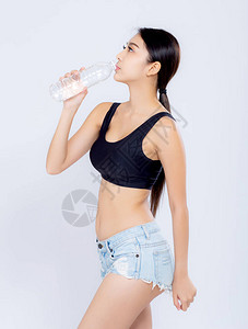 美丽的肖像亚洲年轻女子瓶装水图片