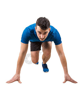 向前冲刺毛笔字坚定的高加索男子赛跑者站在跑步位置自信地向前看穿着黑色和蓝色运动服的年背景