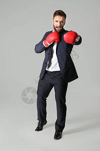 灰色背景上戴着拳击手套的商人图片