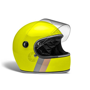 黄色灰色和橙色条纹摩托头盔白背景图片