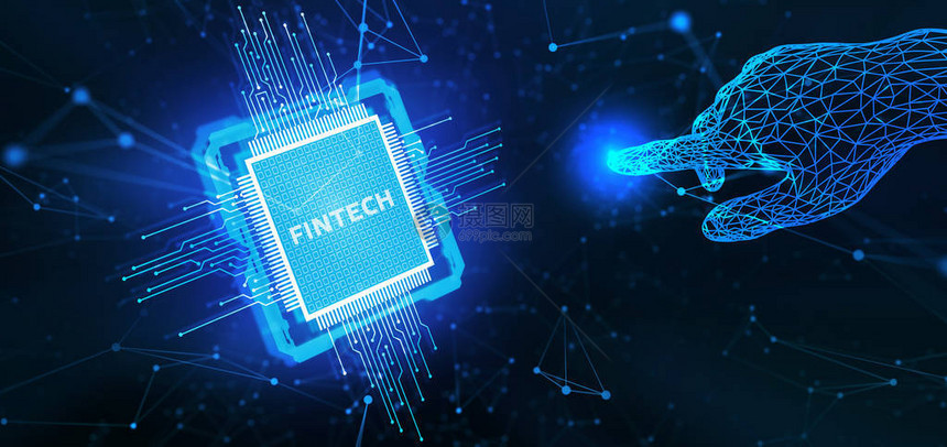 Fintech金融技术概念青年商人在虚拟显示中选择Fint图片