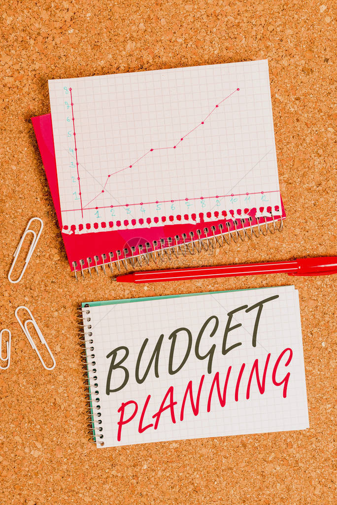 显示预算计划的文本符号商业照片展示构建预算然后使用它的过程办公桌笔记本纸办公纸板学图片