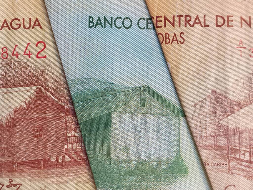 尼加拉瓜不同币种背景和质地的钞票处理图片