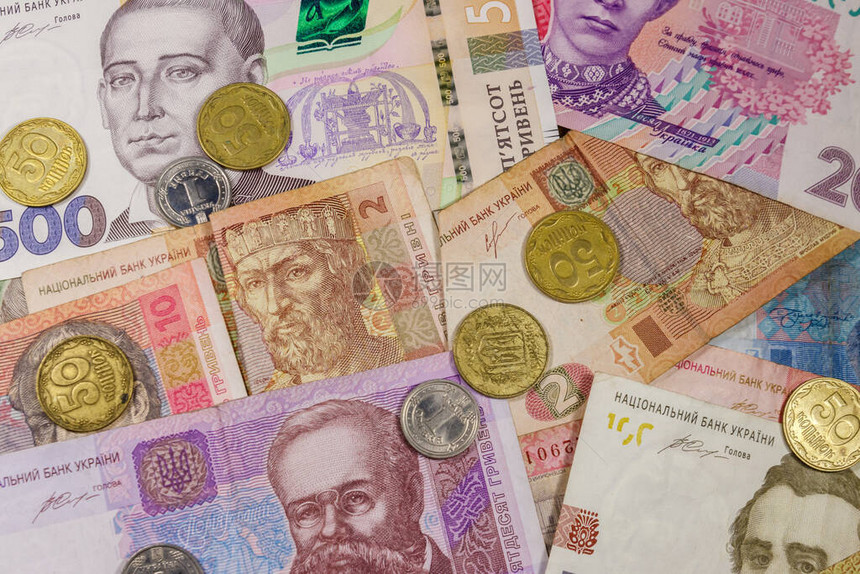 乌克兰货币不同的乌克兰格里夫尼亚钞票和硬图片