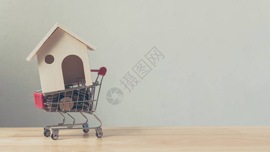 房地产投资和住房抵押贷款金融概念购物车中的房屋和货币硬图片