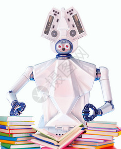 白塑料Ai机器人装置为孤立儿童阅读修理和装订图书馆的书籍在书房里图片
