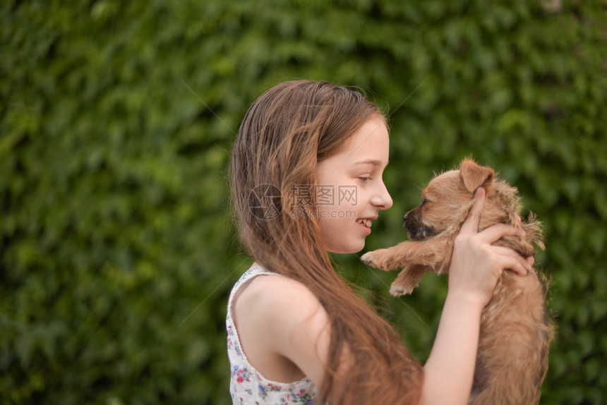 一个金发小女孩带着她的宠物狗在公园户外这个女孩喜欢一只小狗一只狗在孩子的怀图片