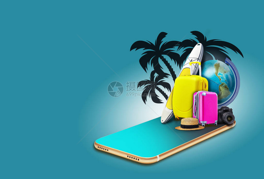 蓝色背景上的智能手机与手掌上面有冲浪板五彩手提箱仪草帽相机旅游和旅行的概念拼贴画复图片