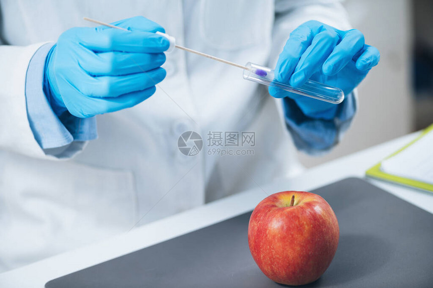 食品安全实验室分析生物化学家在苹果中寻找图片