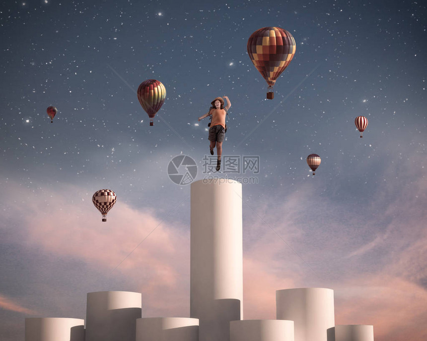 女人跳上更高的柱子热气球飞起来图片