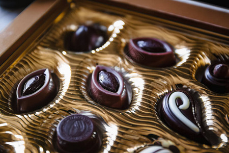 金盒里有不同形状的巧克力糖果图片