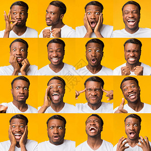 在黄色背景中表达不同积极和消极情感的非洲男子肖像摩西语图片